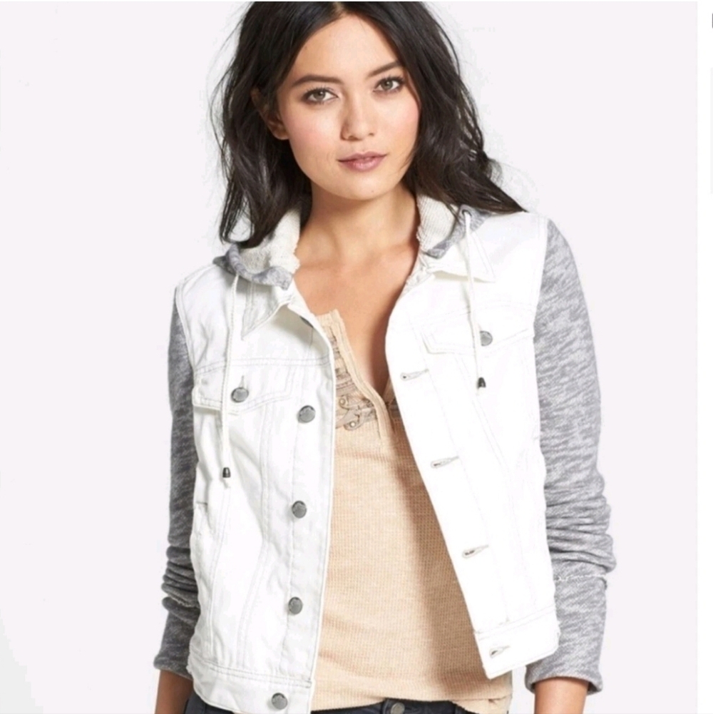 FREE PEOPLE Distressed Denim Jacket with Removable Hoodie